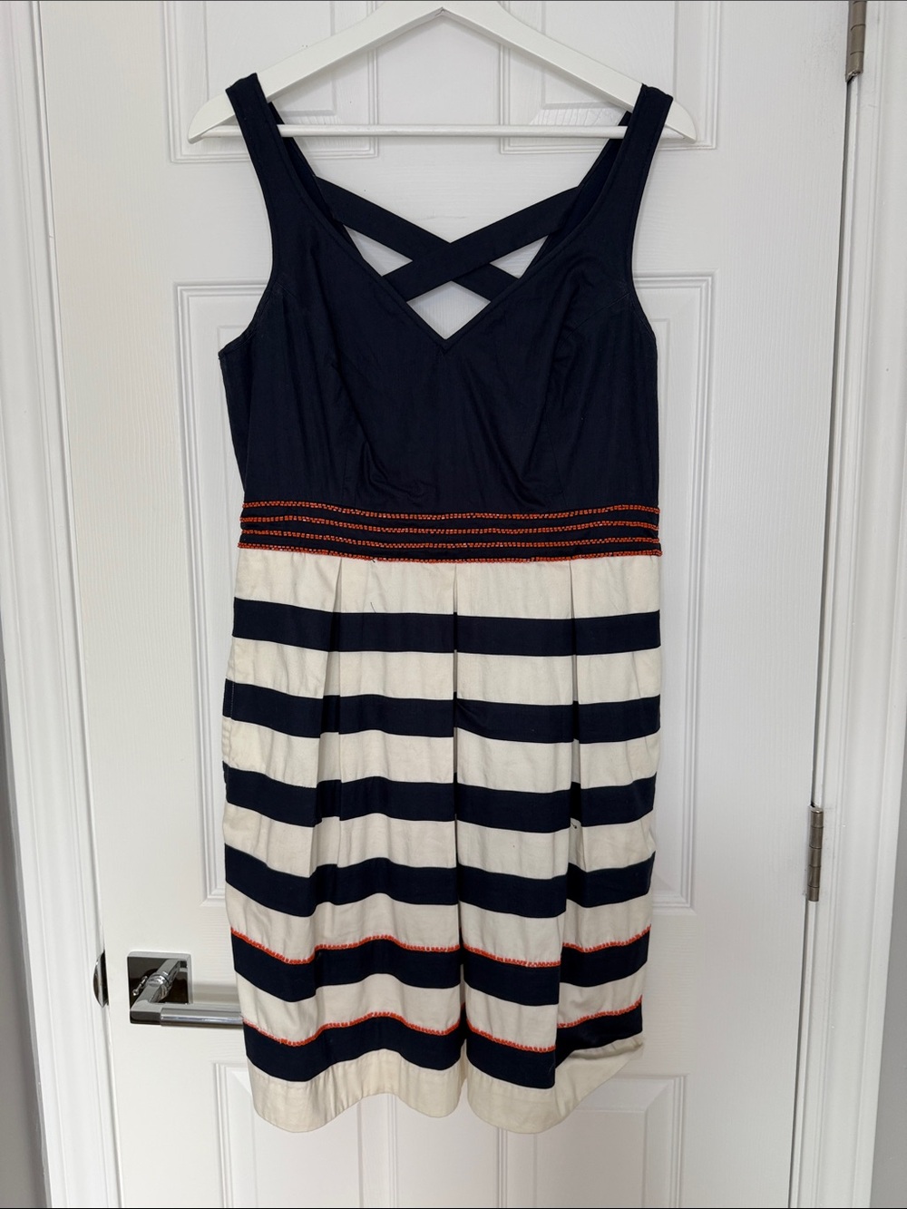 Navy and Cream Striped Mini Dress with Crossback Detail